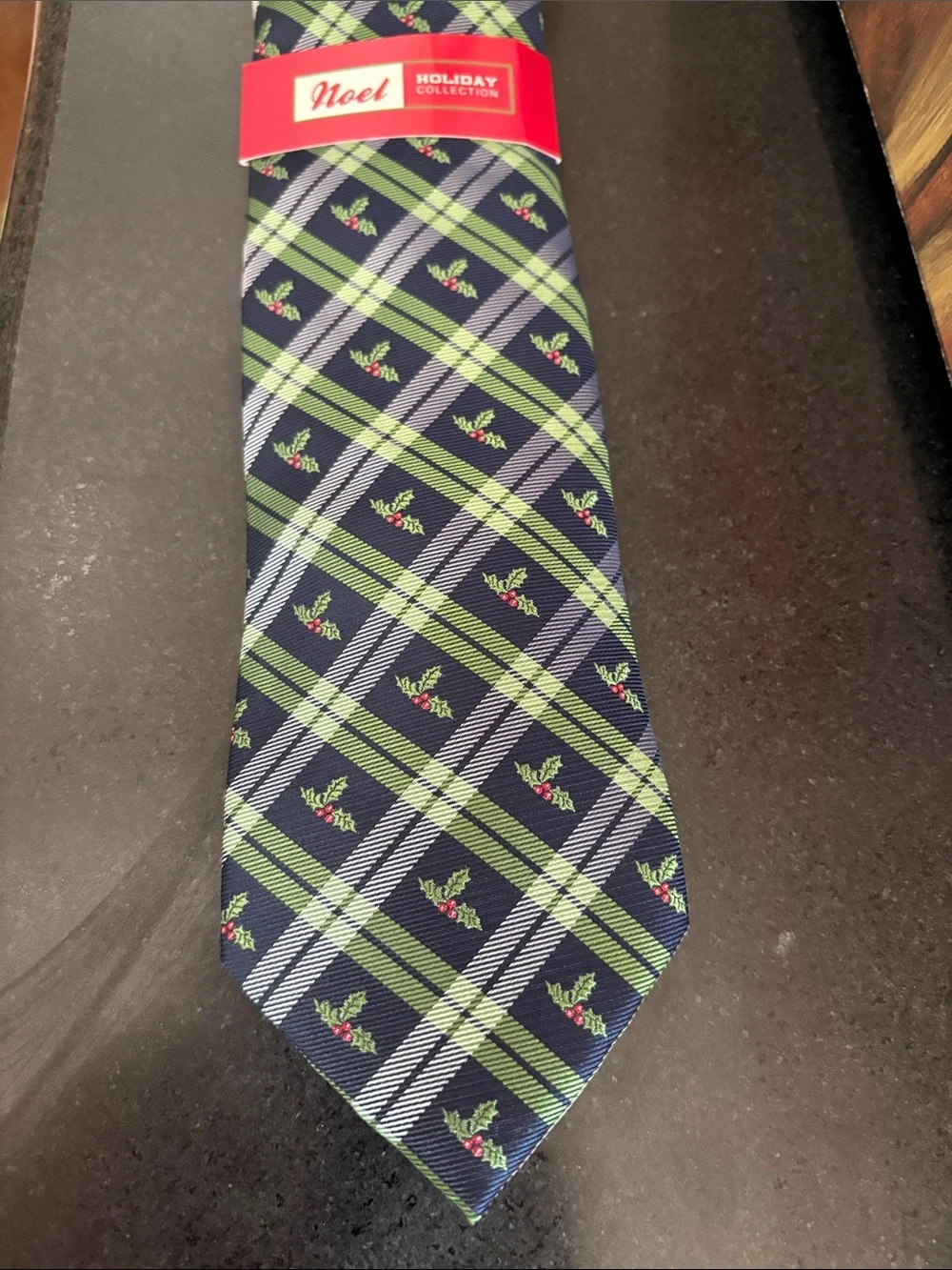 Navy Plaid Tie with Green Accent